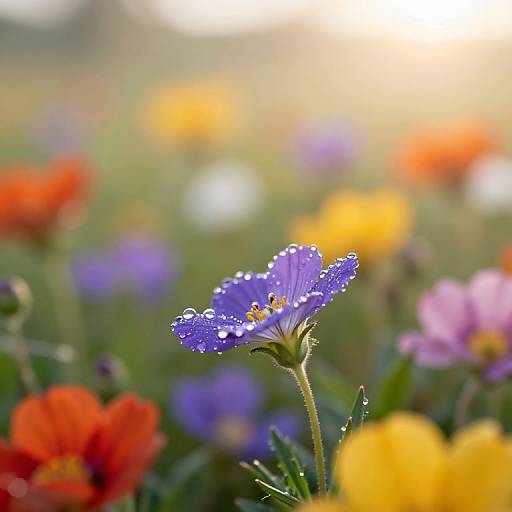 Photograph of a vibrant purple flower with dewdrops, surrounded by blurred orange, yellow, and red flowers in a sunny meadow.