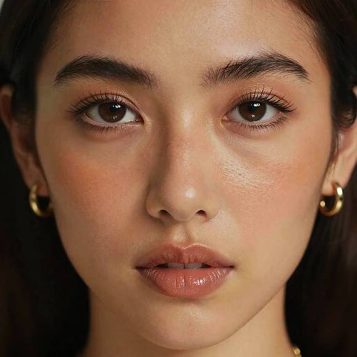 Close-up photograph of a young woman with fair skin, dark brown eyes, full lips, and dark brown hair, wearing small gold hoop earrings, set