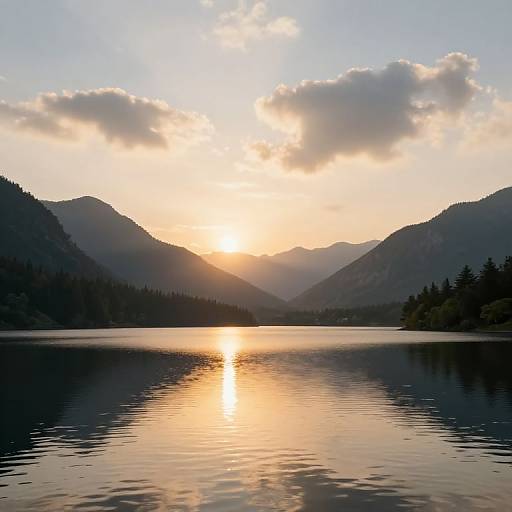 Photograph of a serene lake at sunset, with golden sunlight reflecting on calm waters, surrounded by dark, silhouetted mountains and dense forest under