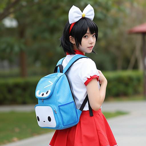 Asian woman in anime cosplay with white bow, black hair, red skirt, blue backpack, standing outdoors, looking back, green blurred background.