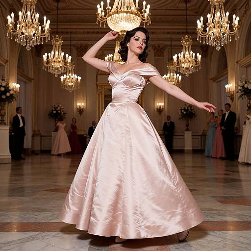 Photograph of a fair-skinned woman in a shiny pink satin ball gown, dancing elegantly in an opulent ballroom with grand chandeliers