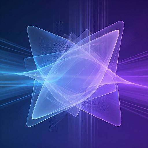 Abstract digital art of overlapping translucent blue and purple geometric shapes with radiant light trails on a dark blue background.