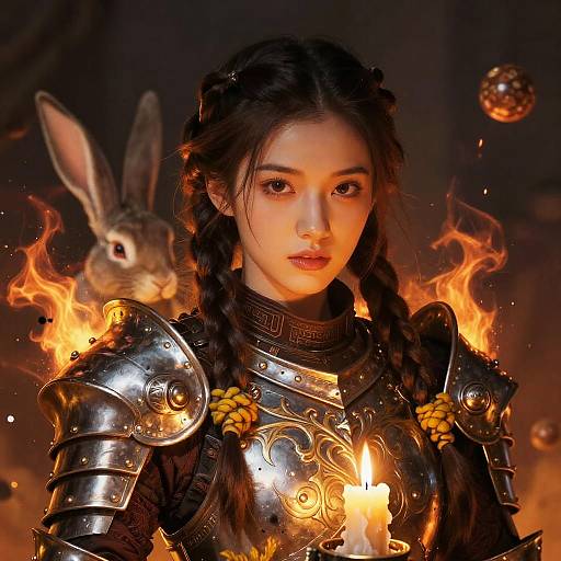Digital artwork: Asian woman with braided black hair in medieval armor, glowing with fire, holding a candle; a rabbit floats beside her in a dark