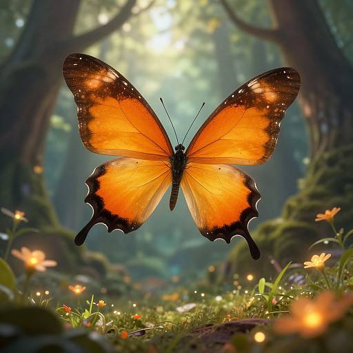 Vibrant orange butterfly with black-edged wings, surrounded by glowing fireflies, in a sunlit, misty forest filled with colorful flowers.