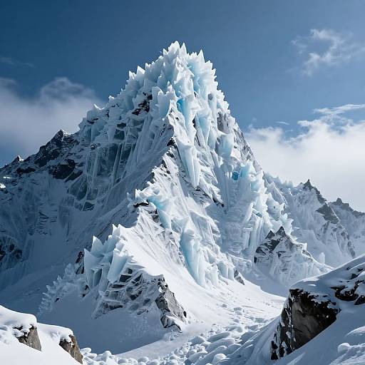 Photograph of a towering, icy mountain peak with jagged, crystalline ice formations under a clear, bright blue sky. Snow-covered slopes and sharp