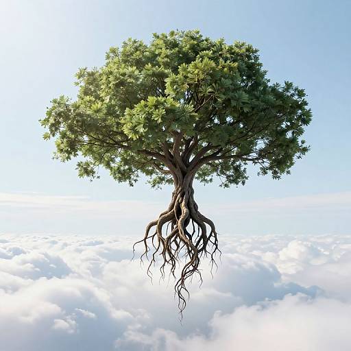 Floating tree with lush green leaves and visible roots, set against a bright blue sky and fluffy white clouds. Photorealistic digital art.