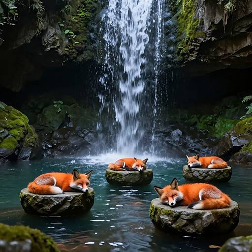 Luminous Waterfall with Sleeping Foxes