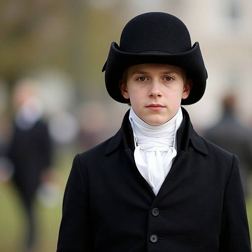 Photograph of a young boy with fair skin, wearing a black bowler hat, white high-collared shirt, and black coat, standing outdoors