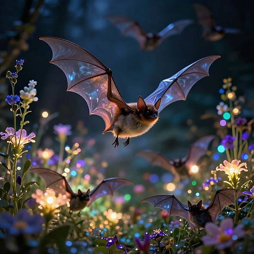 Photograph of glowing, bioluminescent bats with transparent wings flying over a vibrant, colorful flower meadow illuminated by multicolored lights.