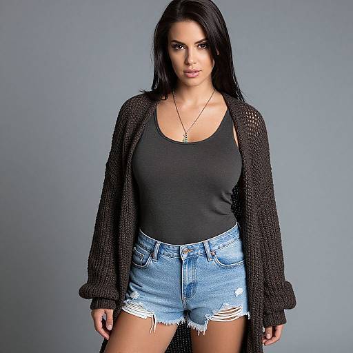 Photograph of a young woman with long black hair, wearing a black tank top, distressed denim shorts, and a black knit cardigan, against a