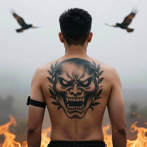 Mysterious Tattooed Man Against Dramatic Sky