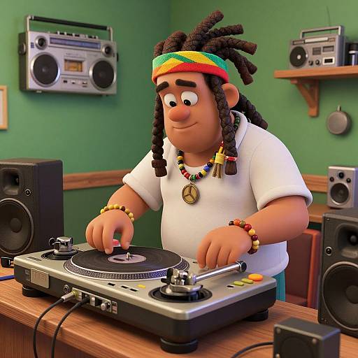 Cartoon DJ with colorful dreadlocks, white shirt, and beaded necklaces, mixing music on a turntable in a green-walled room with