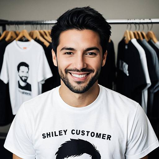 Humorous Male Customer in a White Shirt