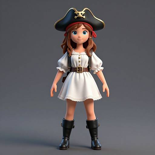 CGI image of a young girl with brown hair, blue eyes, wearing a white dress, black boots, pirate hat with skull, and red head
