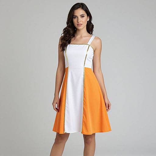 Photograph of a young woman with long dark hair, wearing a sleeveless, white and orange, A-line dress, standing against a plain white background