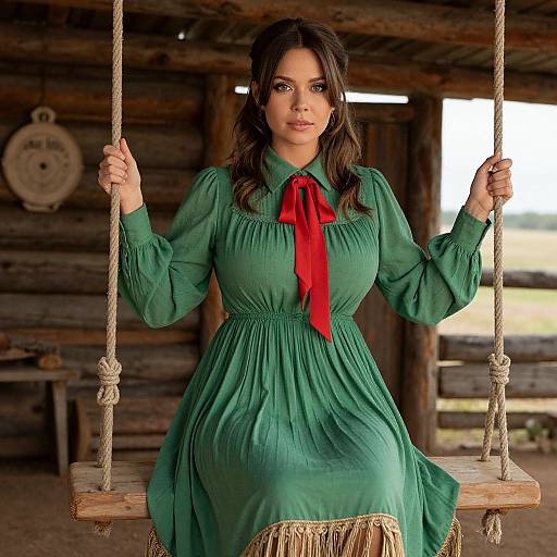 Photograph of a woman with long brown hair, wearing a green dress with a red ribbon, sitting on a wooden swing in a rustic wooden cabin.