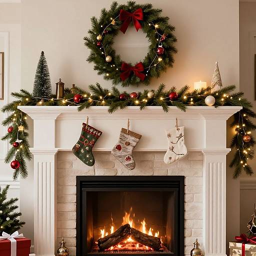 Christmas fireplace with lit fire, white mantle, green wreath, red and gold ornaments, stockings, small trees, glowing lights, and stockings. Phot