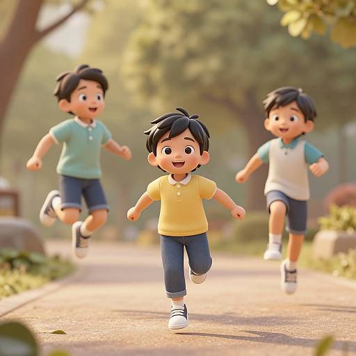 CGI image of three happy, cartoon-style boys with black hair, running on a sunlit, tree-lined pathway, wearing casual shirts and shorts.