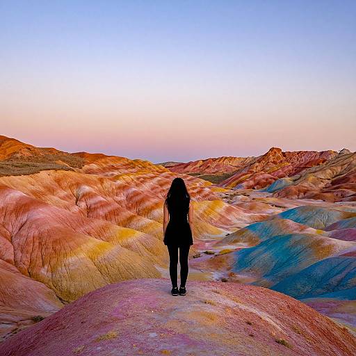 Photograph of a woman with long black hair standing alone in a vibrant, multicolored desert landscape at sunset.