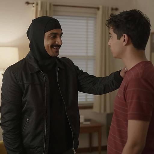 Mysterious Encounter in Dimly Lit Room