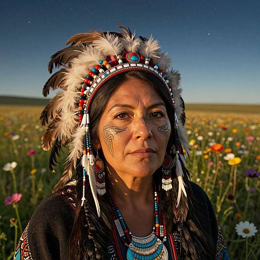 Photograph of a Native American woman with intricate feather headpiece, tribal tattoos, colorful beaded necklace, standing in a sunlit flower field under a