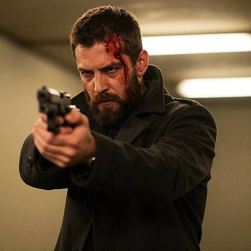 Intense Bearded Man Aiming a Gun