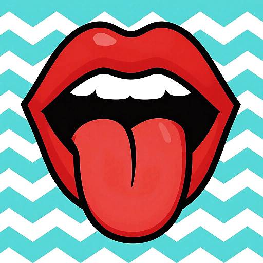 Digital pop art of vibrant red lips with tongue sticking out, white teeth, black outline, against blue and white chevron background.
