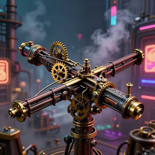 Steampunk-style, intricately detailed, brass and copper mechanical telescope with steam rising, set against a neon-lit, futuristic cityscape background.