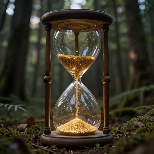 Photograph of a glowing hourglass with golden sand in a dark, misty forest, standing on moss-covered ground.