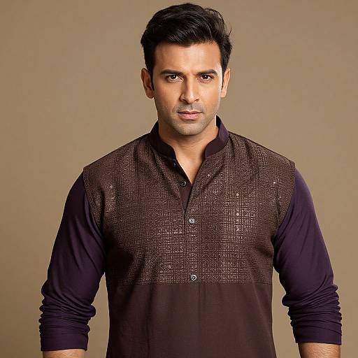 Photograph of a handsome Indian man with short black hair, medium skin tone, wearing a dark brown, textured, long-sleeve, button-up