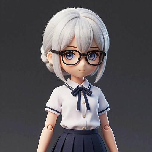 Digital CGI of a cute anime-style girl with white hair, black glasses, white blouse with navy ribbon, and black skirt. Dark gradient background.