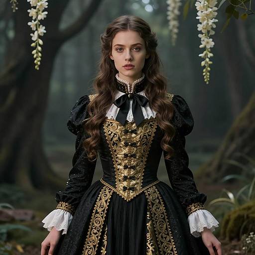 Victorian-Style Woman in Black and Gold Dress