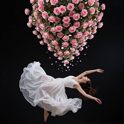 Photograph of a woman in a flowing white dress, floating against a black background, with a cluster of pink roses overhead.