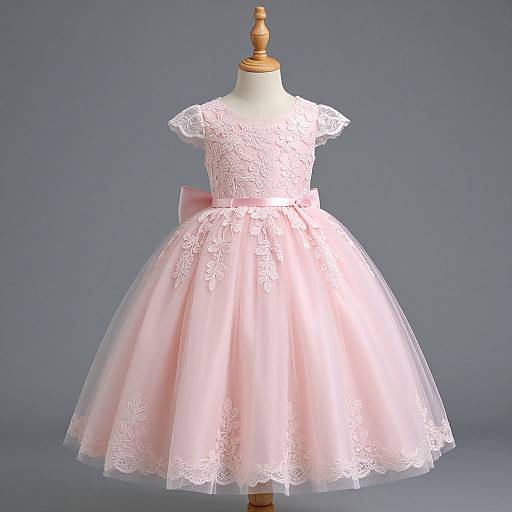 Photograph of a vintage-style, pink lace and tulle children's dress on a wooden mannequin against a gray backdrop.