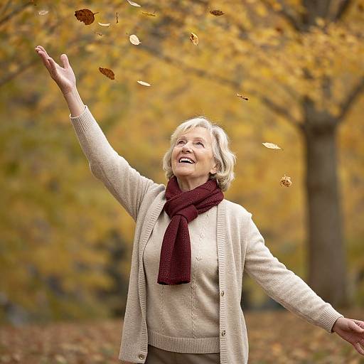 Photograph of a smiling elderly woman with short blonde hair, wearing a beige cardigan, white sweater, and maroon scarf, joyfully throwing autumn