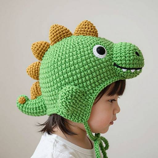Photograph of an Asian child wearing a colorful, crocheted dinosaur hat with green body, orange spikes, and white eyes, against a plain white