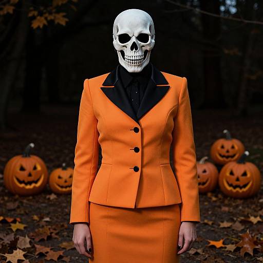 Photograph of a woman with a white skull head wearing an orange suit, black shirt, standing in a dark forest with carved pumpkins in the background