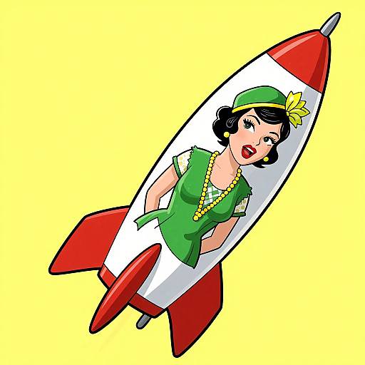 Vintage-style cartoon illustration of a black-haired woman in a green outfit and hat, inside a red and white rocket, against a yellow background.