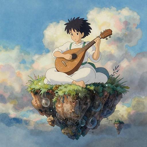 Anime-style digital drawing of a black-haired boy in white, playing a guitar on a grassy, floating island with clouds and blue sky background.