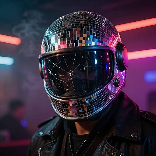 Photograph of a person in a mirrored, reflective helmet with a cracked visor, wearing a black leather jacket, under neon lights. Smoky effect
