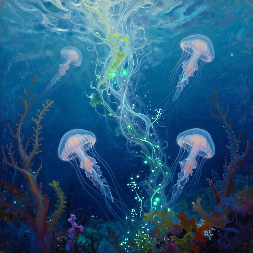 Digital art: Vibrant underwater scene with glowing blue jellyfish, bioluminescent trail, and colorful coral reefs against a deep blue ocean background.