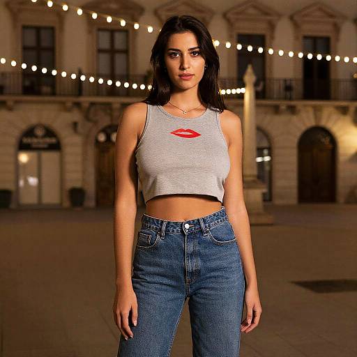 Photograph of a young woman with dark hair, wearing a gray crop top with red lips, high-waisted blue jeans, standing in front of