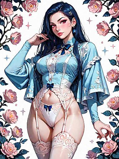 Flirty Woman in Lace Lingerie and Floral Background