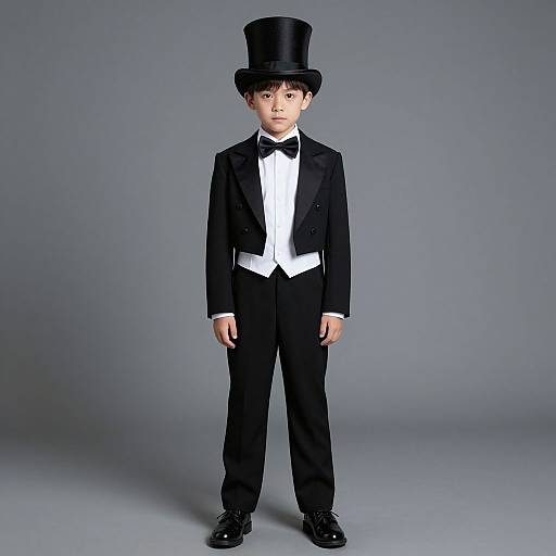 Photograph of a young Asian boy standing, wearing a black tuxedo with bow tie, white dress shirt, and black top hat, against a
