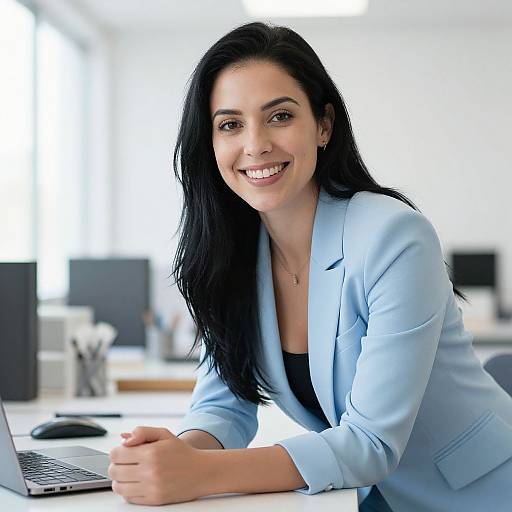 Photograph of a smiling woman with long black hair, wearing a light blue blazer, leaning on a desk with a laptop. Bright office background.