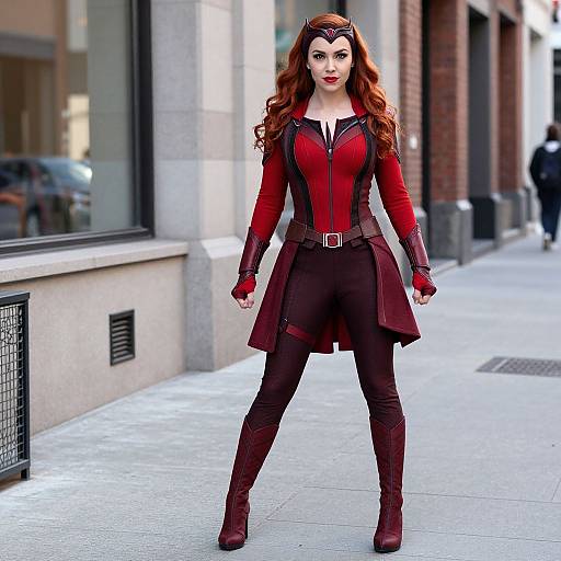 Photograph of a confident woman with long red hair, wearing a red and black superhero costume, standing on a city sidewalk.