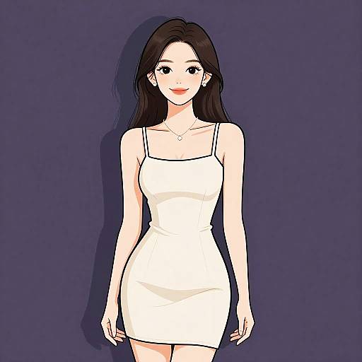 Digital anime-style drawing of a young woman with long black hair, fair skin, wearing a tight white strapless dress, standing against a dark purple background