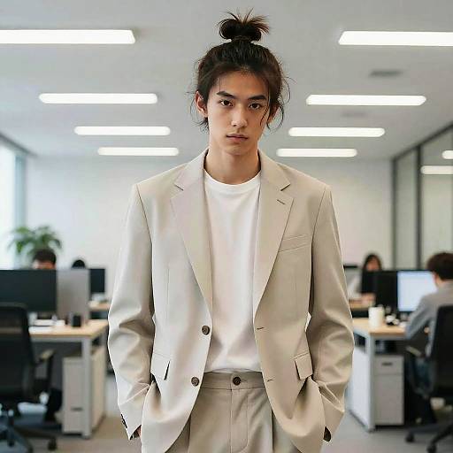 Messy Bun Young Man in Modern Suit
