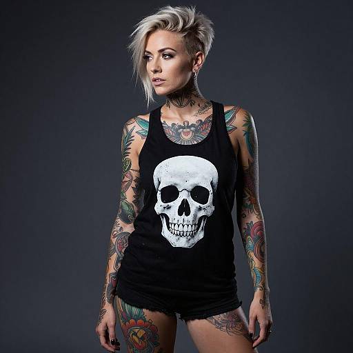 Tattooed Blonde Woman with Skull Tank