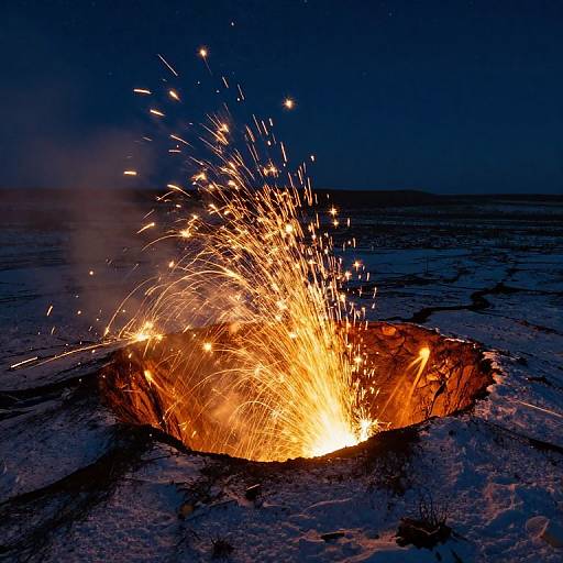 Glowing volcanic crater with sparks at night